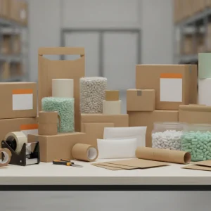 Shipping packaging supplies including boxes, mailers, tape, and cushioning on a warehouse table.