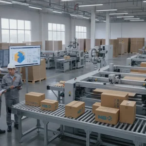 Custom cardboard box manufacturing line with workers inspecting packaging.
