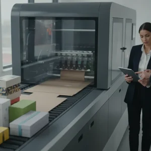 Digital packaging printing machine with custom boxes and professionals reviewing print quality on a tablet.