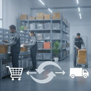 Warehouse workers picking, packing, and shipping ecommerce fulfillment orders with shopping cart and delivery truck icons.