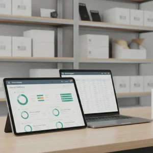 Ecommerce inventory management software on tablets and laptops with barcode scanning in a warehouse.