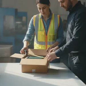 Packaging team measuring a corrugated shipping carton beside a protected product