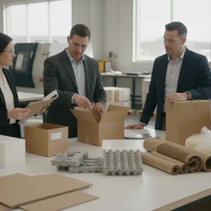 Packaging engineers reviewing corrugated boxes and protective materials