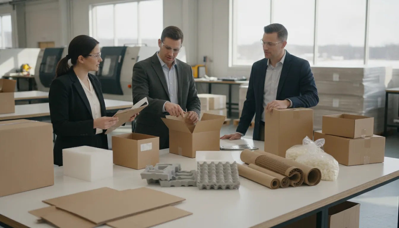 Packaging engineers reviewing corrugated boxes and protective materials