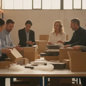 B2B packaging procurement team reviewing corrugated boxes