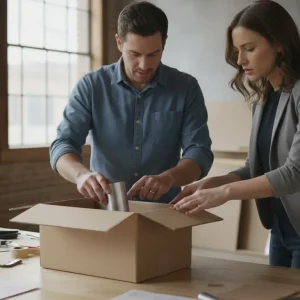 Packaging designer and buyer reviewing a corrugated box prototype