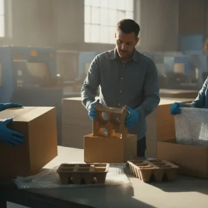 Packaging procurement team reviewing corrugated boxes