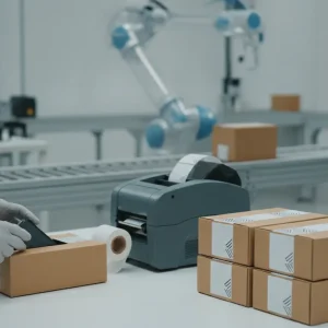 Product kitting and labeling with boxes and packaging equipment in a fulfillment center.