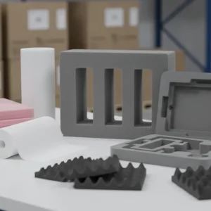 Protective foam packaging sheets, rolls, and custom-cut inserts in a warehouse.