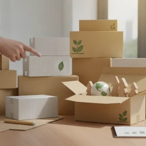 Sustainable corrugated packaging boxes with green leaf symbols on a desk.