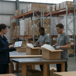 Warehouse team preparing packaged orders for shipment