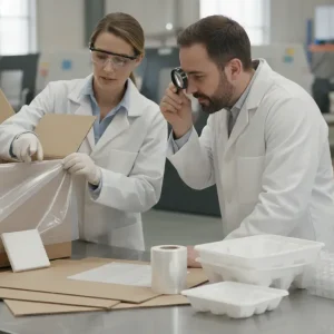 Packaging engineer and quality manager reviewing corrugated packaging layers for a food contact compliance checklist
