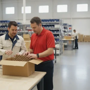 Packaging and fulfillment professionals reviewing a corrugated box and protective insert