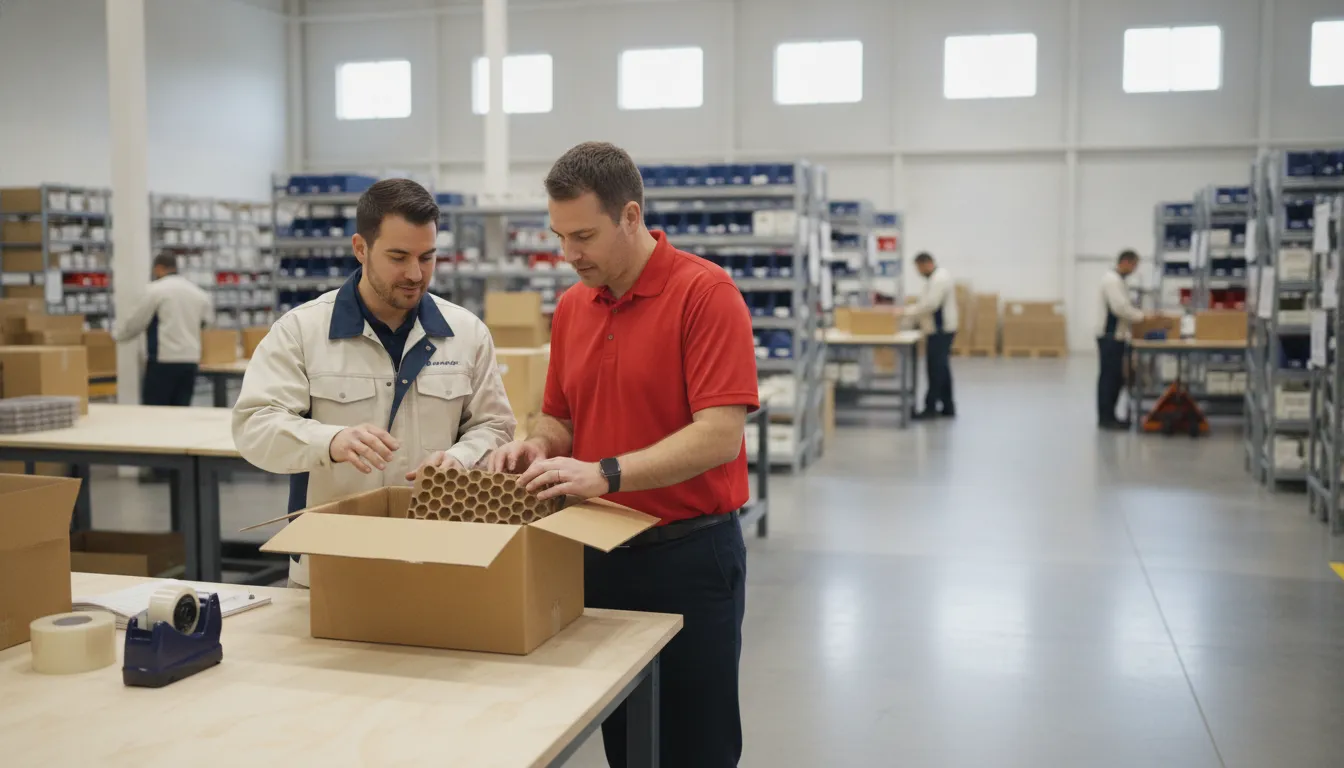 Packaging and fulfillment professionals reviewing a corrugated box and protective insert