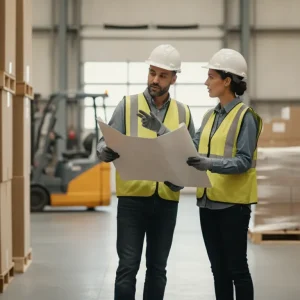 Packaging professionals planning corrugated box production and delivery