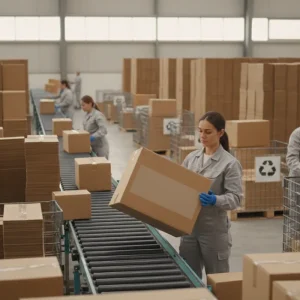 Brown corrugated box beside flattened cardboard prepared for recycling