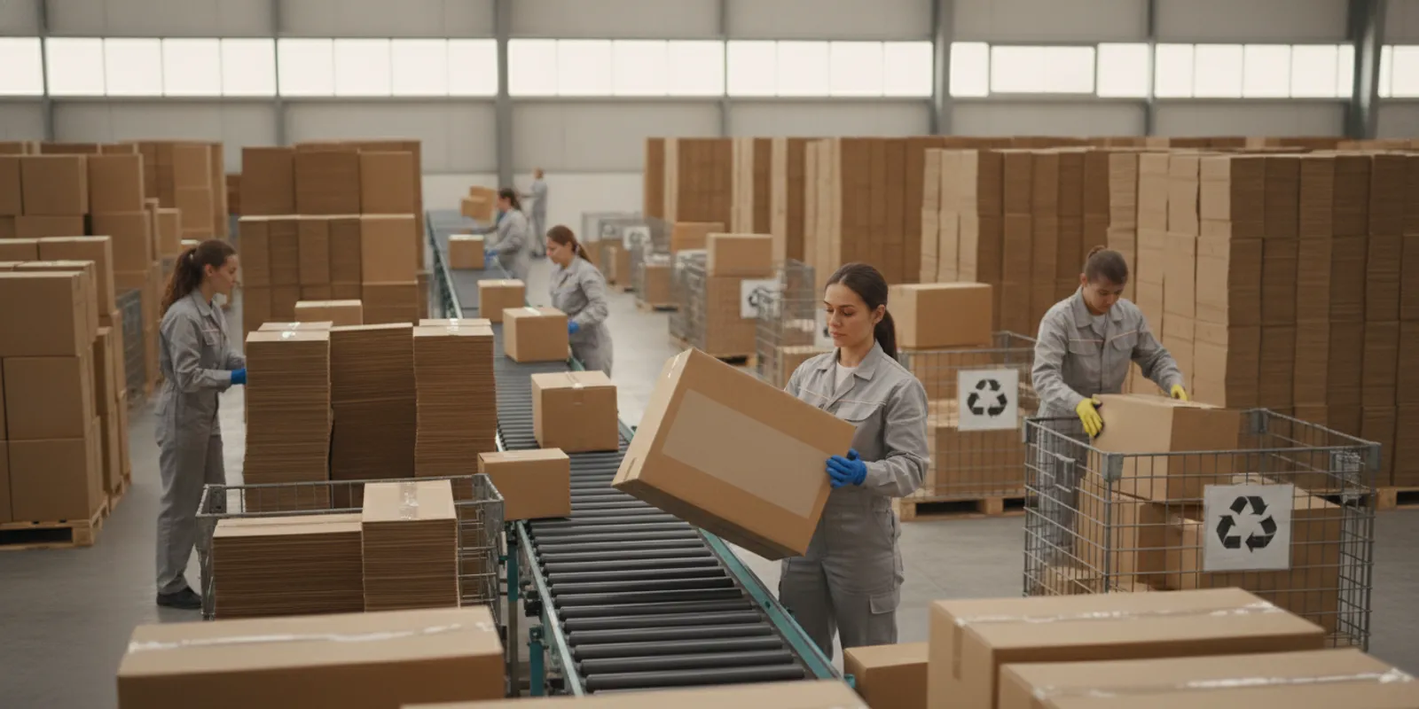 Brown corrugated box beside flattened cardboard prepared for recycling