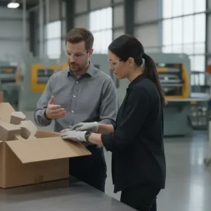 Packaging professionals reviewing a corrugated box and protective inserts in a manufacturing plant