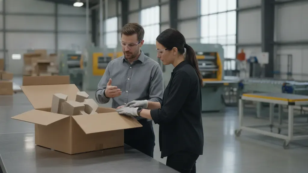 Packaging professionals reviewing a corrugated box and protective inserts in a manufacturing plant