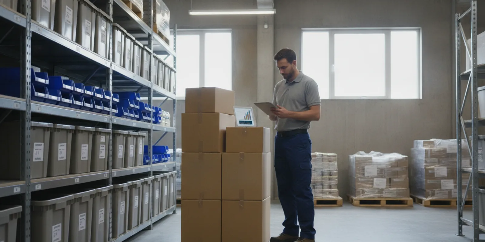 Warehouse team member checking ecommerce orders beside inventory shelves