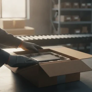 Worker placing a product into a protective corrugated ecommerce box