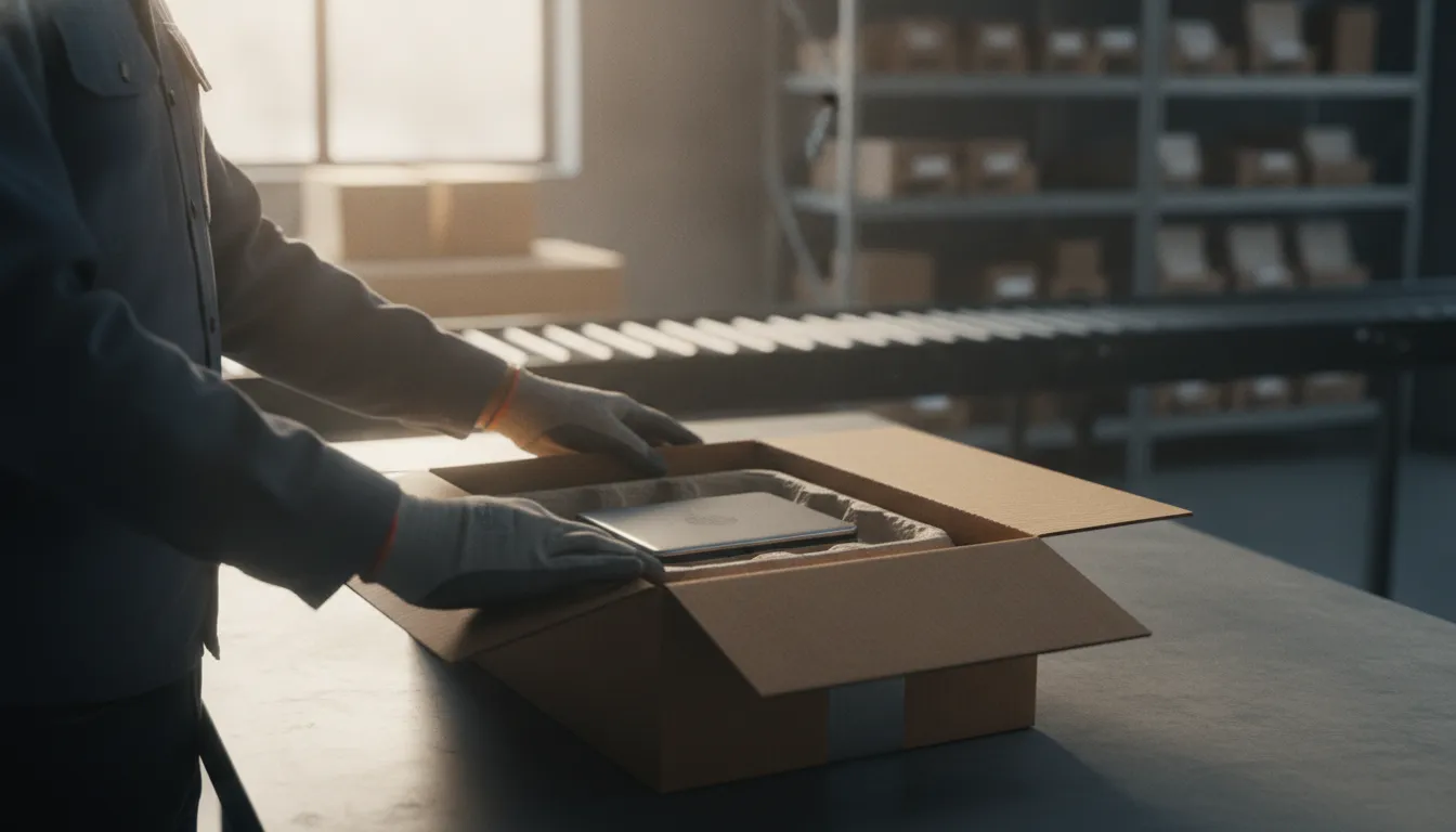 Worker placing a product into a protective corrugated ecommerce box