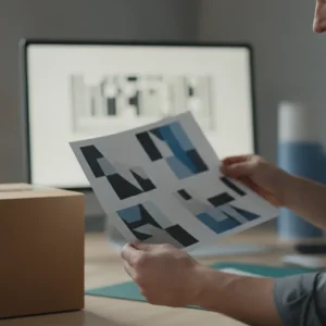 Packaging label artwork being reviewed beside a corrugated box