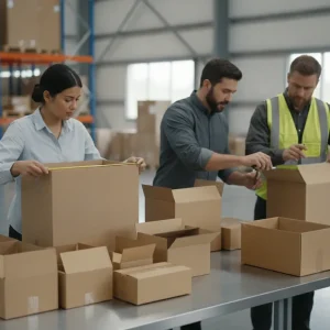 Packaging team reviewing corrugated boxes for multiple product lines