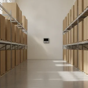 Corrugated boxes stored neatly on warehouse shelving away from damp floors and walls