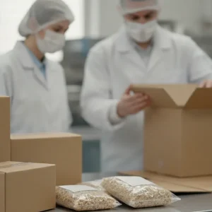 Corrugated shipping boxes beside packaged food products in a clean production setting