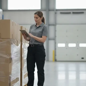 Warehouse team member checking a tablet beside neatly packed e-commerce orders