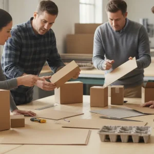 Business team reviewing recyclable corrugated packaging samples at a worktable