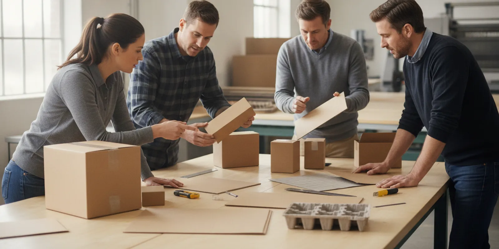 Business team reviewing recyclable corrugated packaging samples at a worktable