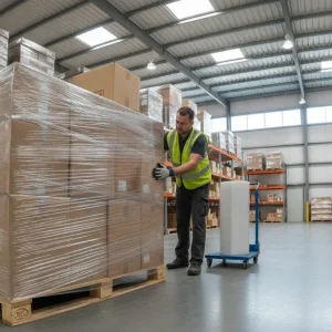 Warehouse worker securing a pallet of corrugated cartons
