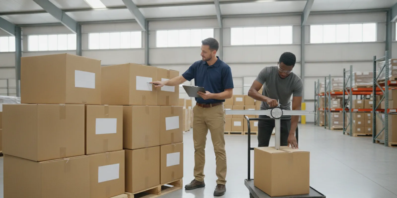 Warehouse team checking labeled cartons and pallet details before receiving inventory